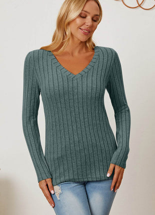 Basic Bae Full Size Ribbed V-Neck Long Sleeve T-Shirt - MimiStylez
