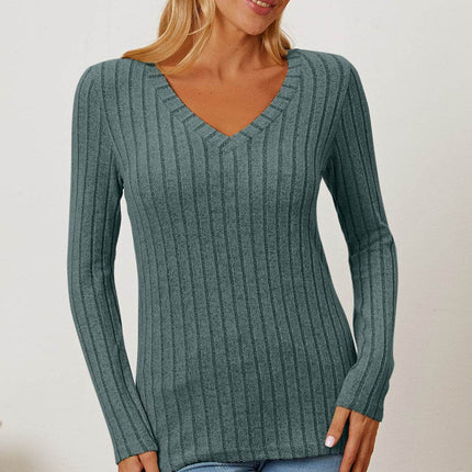 Basic Bae Full Size Ribbed V-Neck Long Sleeve T-Shirt - MimiStylez