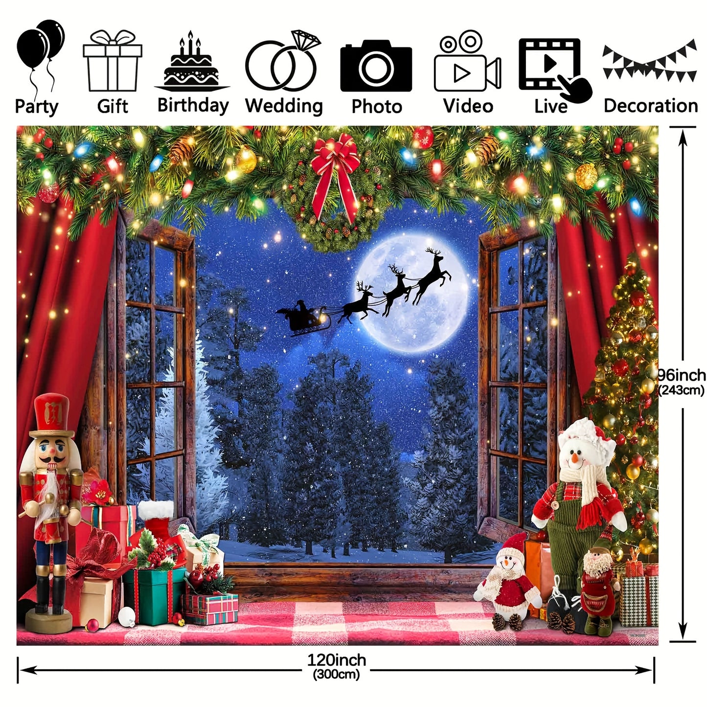 1pc, 7x5ft/8x6ft/10x8ft Winter Wonderland Photography Backdrop - Vibrant Polyester Tapestry with Xmas Tree, Rustic Wooden Window, Moon Night, Santa Claus, and Snow Moon Elk Designs - Ideal for Kids Photo Booths, Studio Props, Holiday Party Decorations