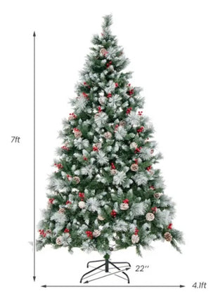 7ft Pre-Lit Christmas Tree - 70 Red Berries  70 Pine Cones, Changeable Lights & Auto-Stretching Branches, Ideal For Home Office Parties
