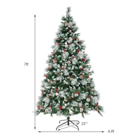 7ft Pre-Lit Christmas Tree - 70 Red Berries  70 Pine Cones, Changeable Lights & Auto-Stretching Branches, Ideal For Home Office Parties