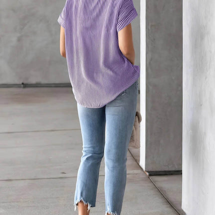 Full Size Striped Button-Up Casual Shirt with Pocket Plus Size - MimiStylez