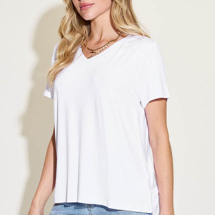 Basic Bae Full Size V-Neck High-Low T-Shirt - MimiStylez