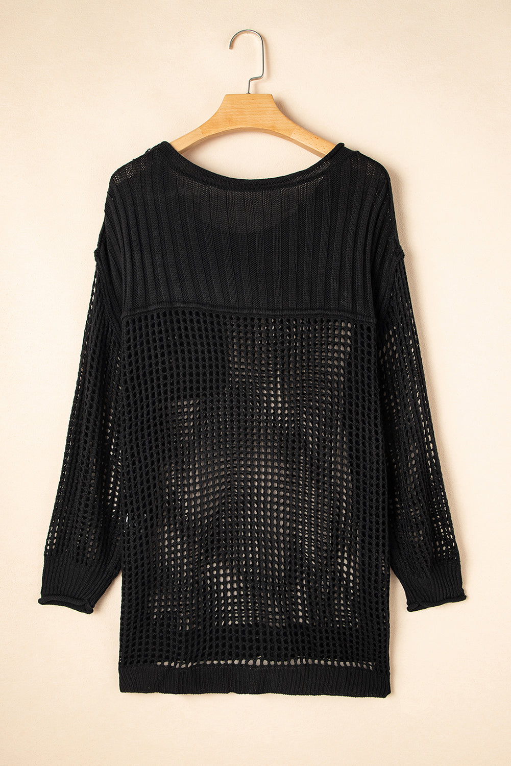 Black Fishnet Hollow-out Long Sleeve Beach Cover up