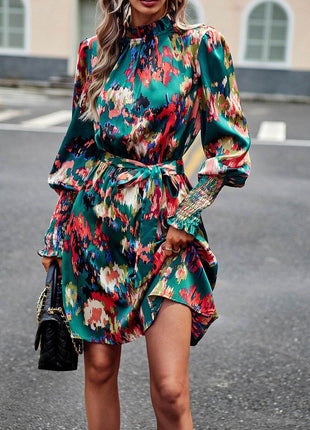 Printed Tie Waist Mock Neck Lantern Sleeve Dress - MimiStylez