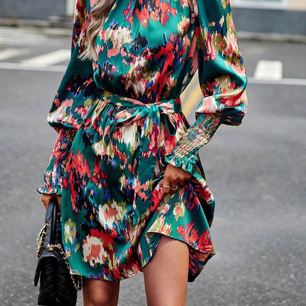 Printed Tie Waist Mock Neck Lantern Sleeve Dress - MimiStylez