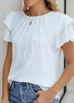 Women's Ruffle Short Sleeve Shirts Dressy Casual Crewneck Top - MimiStylez