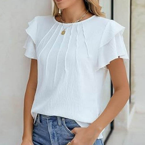Women's Ruffle Short Sleeve Shirts Dressy Casual Crewneck Top - MimiStylez