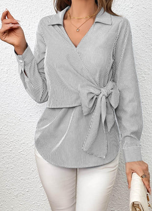 Bow Tie Waist Johnny Collar Neck Striped Blouse - MimiStylez