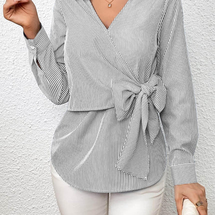 Bow Tie Waist Johnny Collar Neck Striped Blouse - MimiStylez