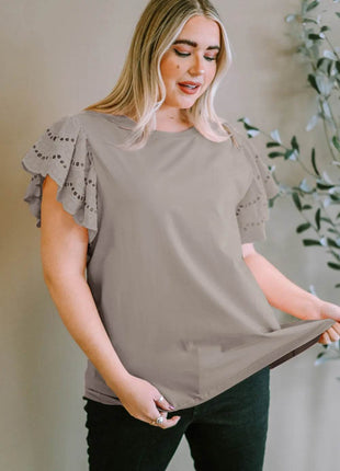 Plus Size Eyelet Round Neck Short Sleeve Blouse - MimiStylez