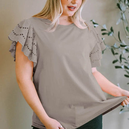 Plus Size Eyelet Round Neck Short Sleeve Blouse - MimiStylez