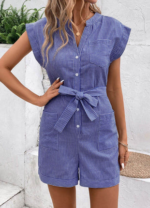 Striped Notched Tie Waist Romper - MimiStylez