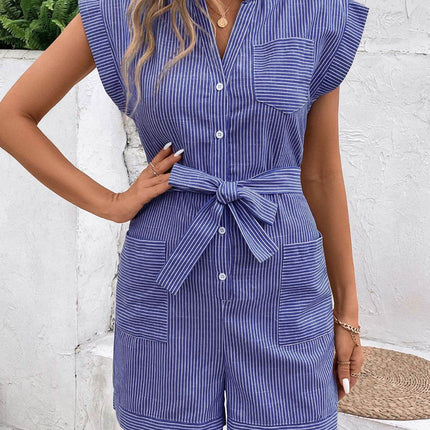 Striped Notched Tie Waist Romper - MimiStylez