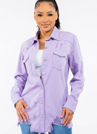 American Bazi Frayed Hem Distressed Denim Jacket - MimiStylez