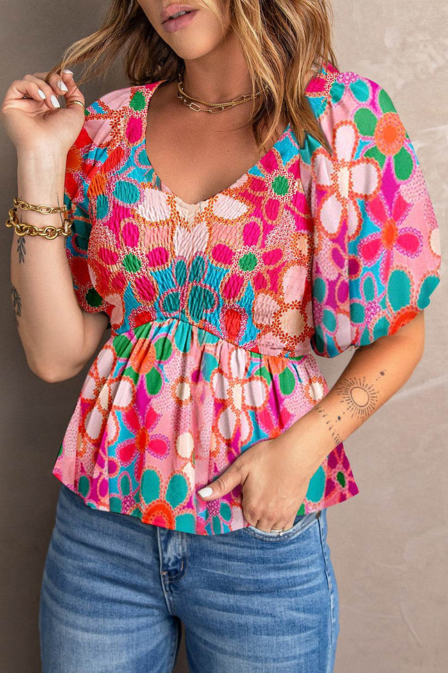 Printed V-Neck Babydoll Blouse - MimiStylez