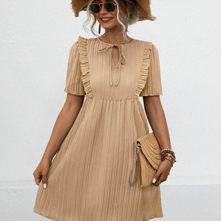 Tie Neck Short Sleeve Mini Dress - MimiStylez