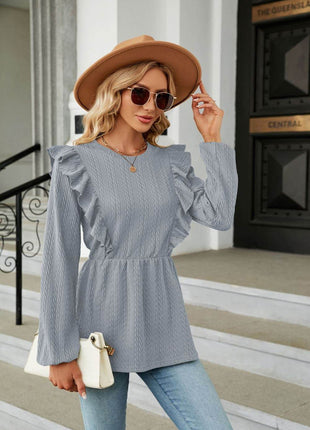 Round Neck Ruffled Peplum Blouse - MimiStylez