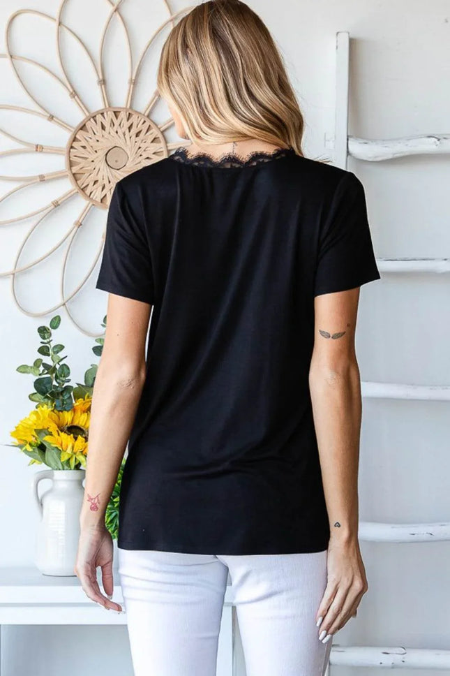 Heimish Lace Detail V-Neck Short Sleeve T-Shirt - MimiStylez