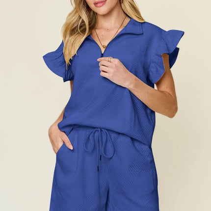 Double Take Full Size Texture Flounce Sleeve Top and Drawstring Shorts Set - MimiStylez