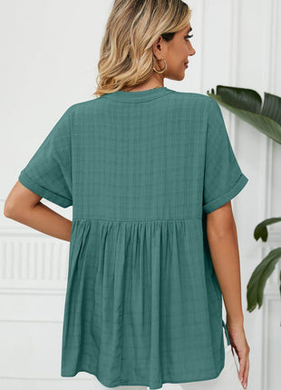 Side Slit Notched Neck Cuffed Short Sleeve Blouse - MimiStylez