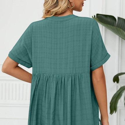 Side Slit Notched Neck Cuffed Short Sleeve Blouse - MimiStylez