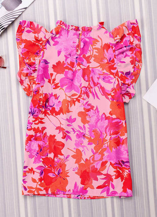 Frill Floral Mock Neck Cap Sleeve Blouse - MimiStylez