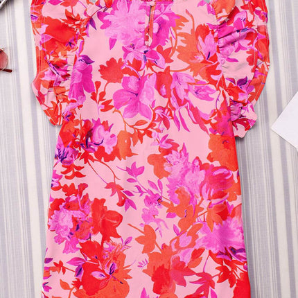 Frill Floral Mock Neck Cap Sleeve Blouse - MimiStylez