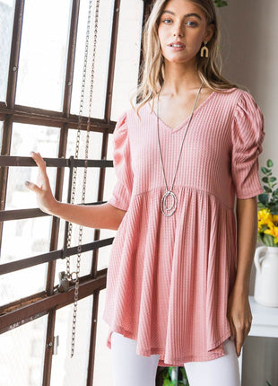 Heimish Full Size Waffle Knit V-Neck Babydoll Top - MimiStylez