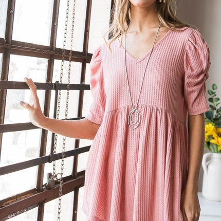 Heimish Full Size Waffle Knit V-Neck Babydoll Top - MimiStylez