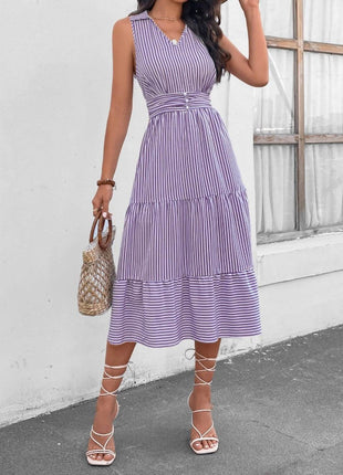Striped Johnny Collar Sleeveless Midi Dress - MimiStylez