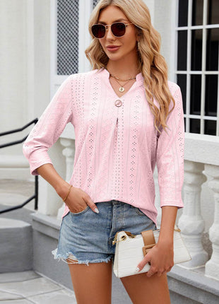 Eyelet Notched Knit Jacquard Top - MimiStylez