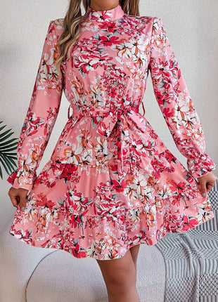 Printed Mock Neck Flounce Sleeve Mini Dress - MimiStylez