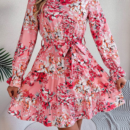 Printed Mock Neck Flounce Sleeve Mini Dress - MimiStylez