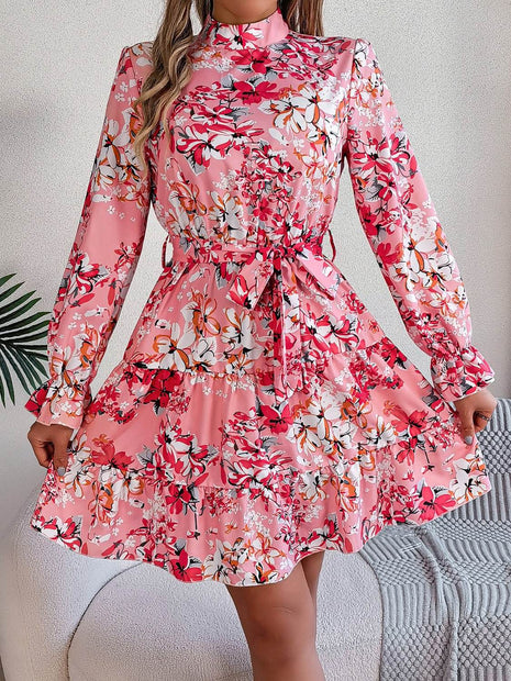 Printed Mock Neck Flounce Sleeve Mini Dress - MimiStylez