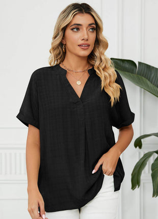 Side Slit Notched Neck Cuffed Short Sleeve Blouse - MimiStylez