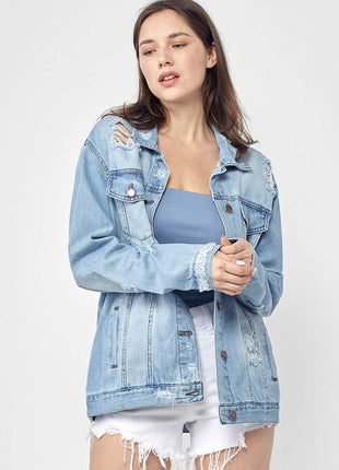 RISEN Full Size Distressed Long Sleeve Denim Jacket - MimiStylez