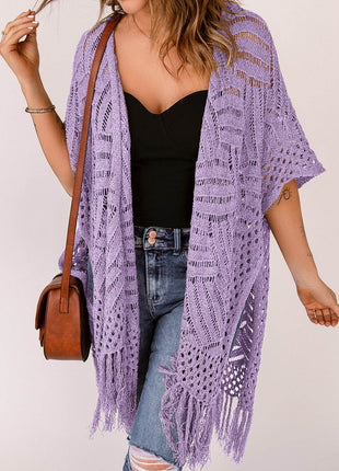 Openwork Open Front Cardigan with Fringes - MimiStylez