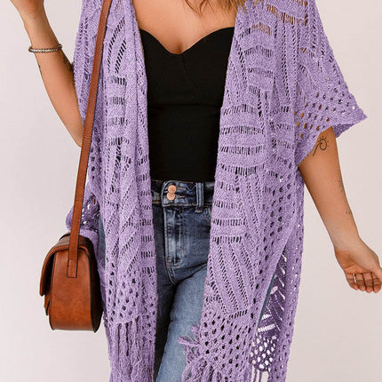 Openwork Open Front Cardigan with Fringes - MimiStylez