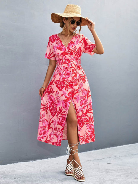 Floral Print High Slit Surplice Neck Tie Waist Midi Dress - MimiStylez