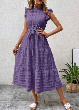 Tied Ruffled Cap Sleeve Midi Dress - MimiStylez