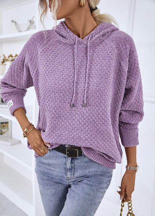 Texture Drawstring Long Sleeve Hooded Sweater - MimiStylez