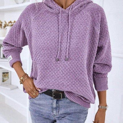 Texture Drawstring Long Sleeve Hooded Sweater - MimiStylez
