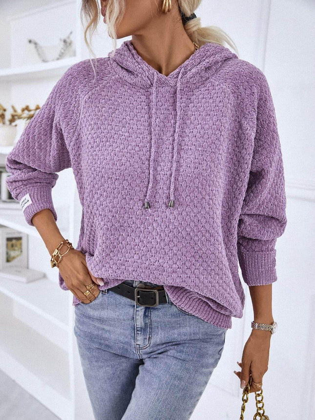 Texture Drawstring Long Sleeve Hooded Sweater - MimiStylez