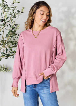 Culture Code Full Size Round Neck Exposed Seam Slit Top - MimiStylez