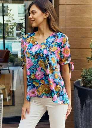 Petal Dew Full Size Floral V-Neck Tie Detail Blouse - MimiStylez