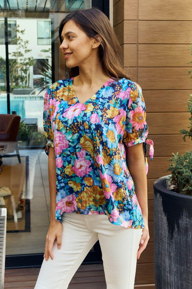 Petal Dew Full Size Floral V-Neck Tie Detail Blouse - MimiStylez