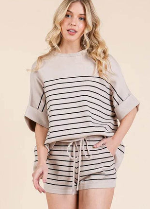 Lime 'N' Chili Striped Folded Half Sleeve Top and Shorts Set - MimiStylez
