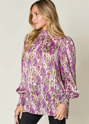 Double Take Full Size Printed Smocked Long Sleeve Blouse - MimiStylez