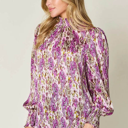Double Take Full Size Printed Smocked Long Sleeve Blouse - MimiStylez